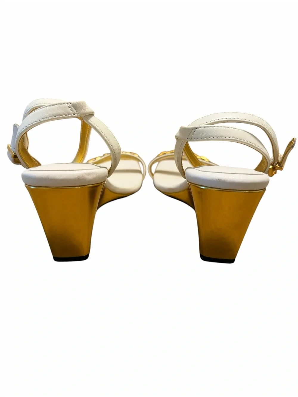 Donna Karan NY White Leather Gold Chain Wedge Sandals NWOB Size 8.5